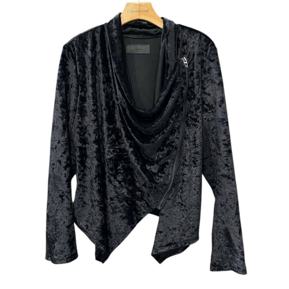 Blank NYC Black Velvet Draped Zip-Front Blazer
